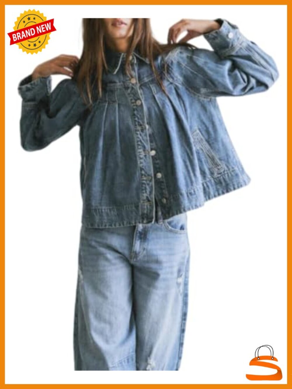 Women's Cropped Denim Jacket Long Sleeve Pleated Button Down Jean Jacket